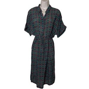 Megan Park teal green pink button front waist adjusted midi dress sz 2 US L